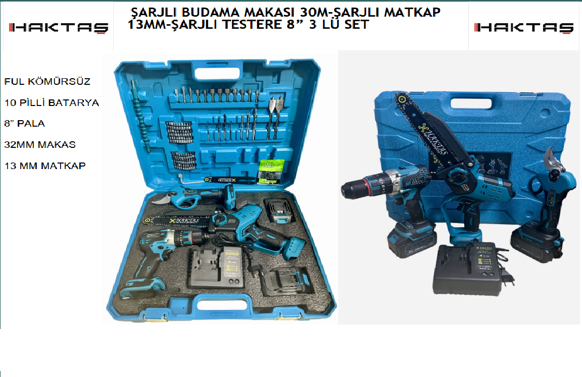 ŞARJLI BUDAMA MAKASI 30M-ŞARJLI MATKAP 13MM-ŞARJLI TESTERE 8” 3 LÜ SET