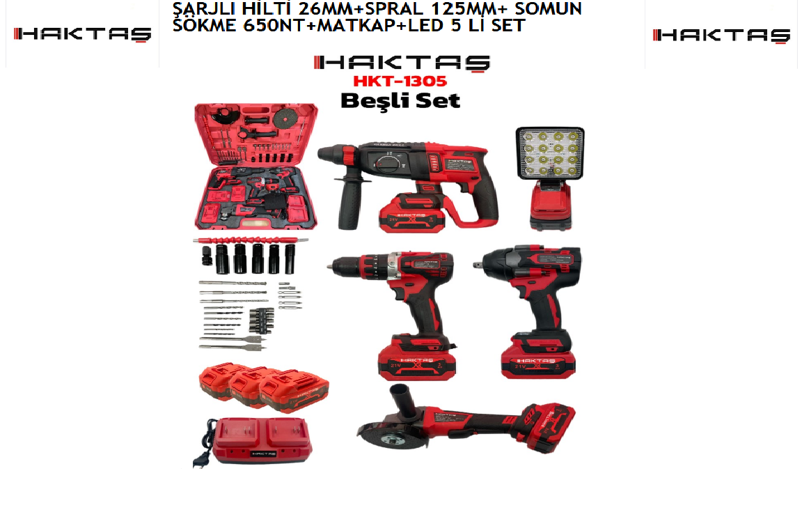 ŞARJLI HİLTİ 26MM+SPRAL 125MM+ SOMUN SÖKME 650NT+MATKAP+LED 5 Lİ SET