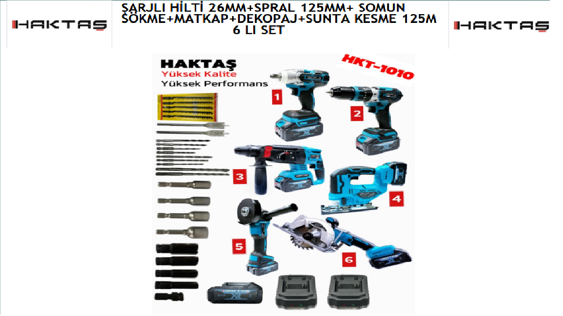 ŞARJLI HİLTİ 26MM+SPRAL 125MM+ SOMUN SÖKME+MATKAP+DEKOPAJ+SUNTA KESME 125M 6 LI SET